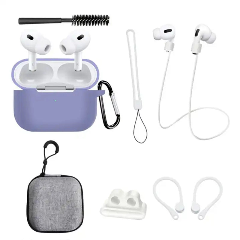 8 in 1 Portable Storage Bag Set for AirPods Pro 2 Silicone Case with Strap / Neck Strap / Cleaning Brush