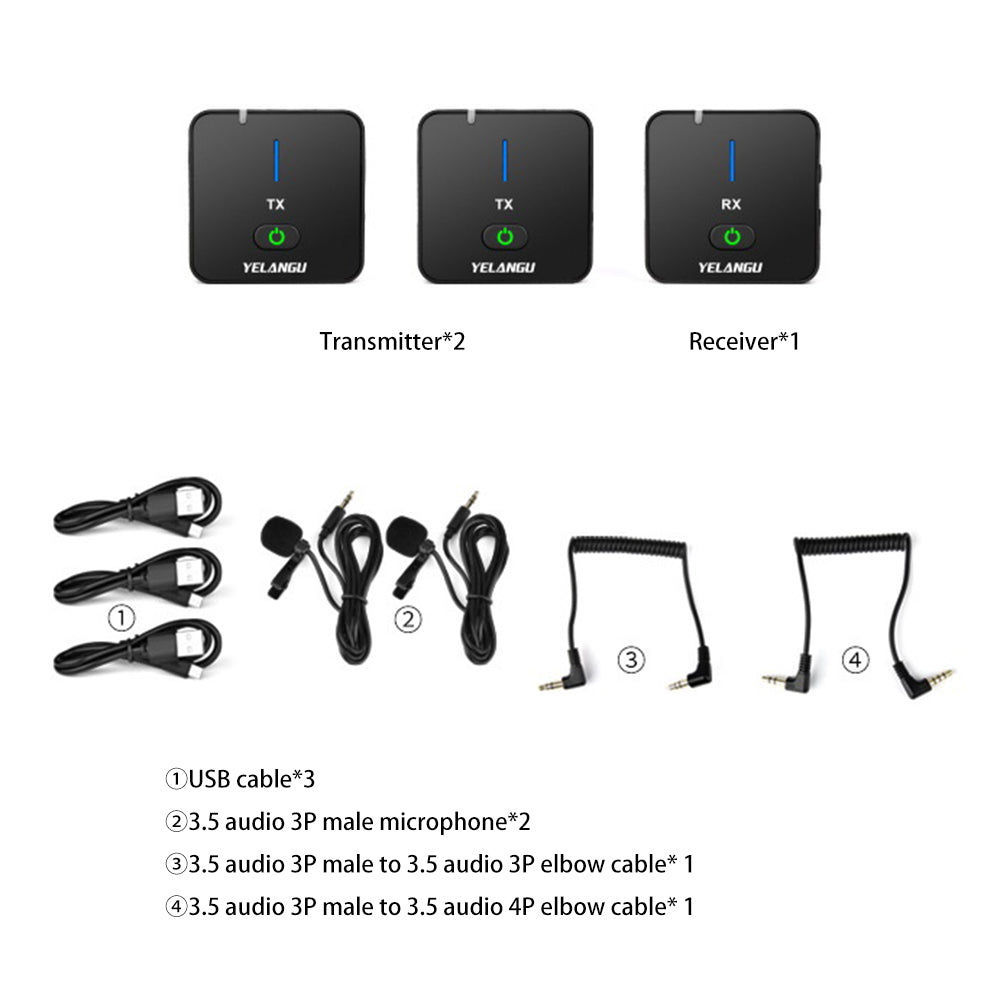 YELANGU MX5 Portable 2.4G Microphone Set 2 Transmitter + Receiver Wireless Lavalier Mic with Clip