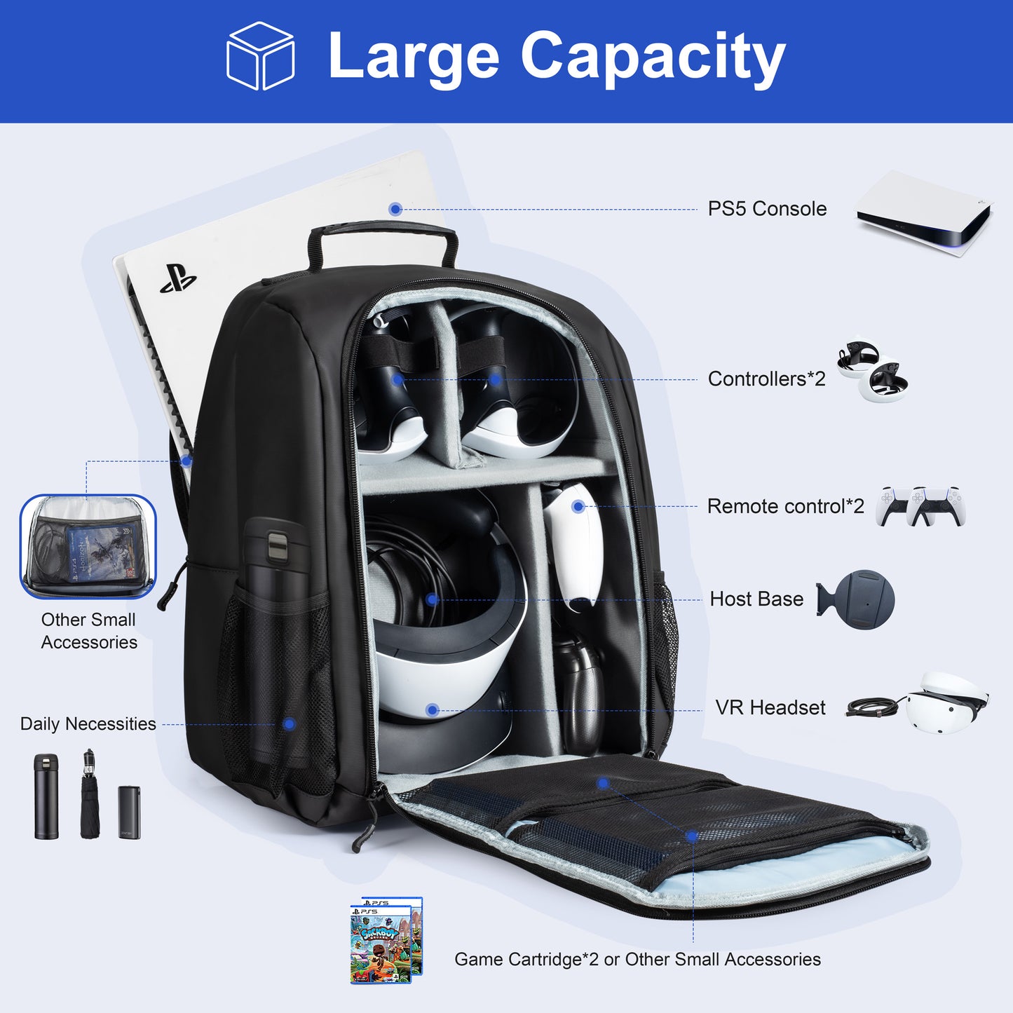 DEVASO For Sony PlayStation 5 Shoulders Bag Game Console Organizer VR2 VR Headset Storage Backpack