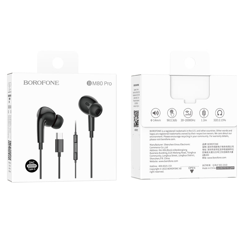 BOROFONE BM80 Pro Type-C Wire-controlled Digital Earphone with Microphone In-ear Headphone