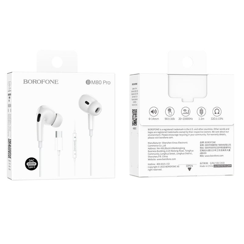 BOROFONE BM80 Pro Type-C Wire-controlled Digital Earphone with Microphone In-ear Headphone