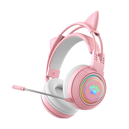 T25 Cute Cat Ears Headphones RGB Lighting Bluetooth Wireless Headset with  Detachable Mic