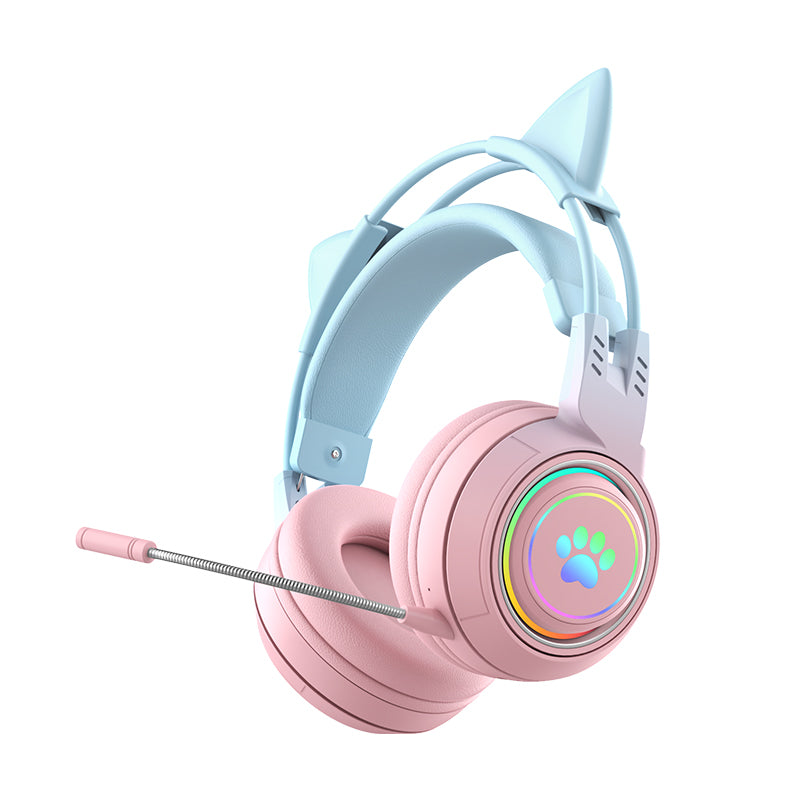 T25 Cute Cat Ears Headphones RGB Lighting Bluetooth Wireless Headset with  Detachable Mic