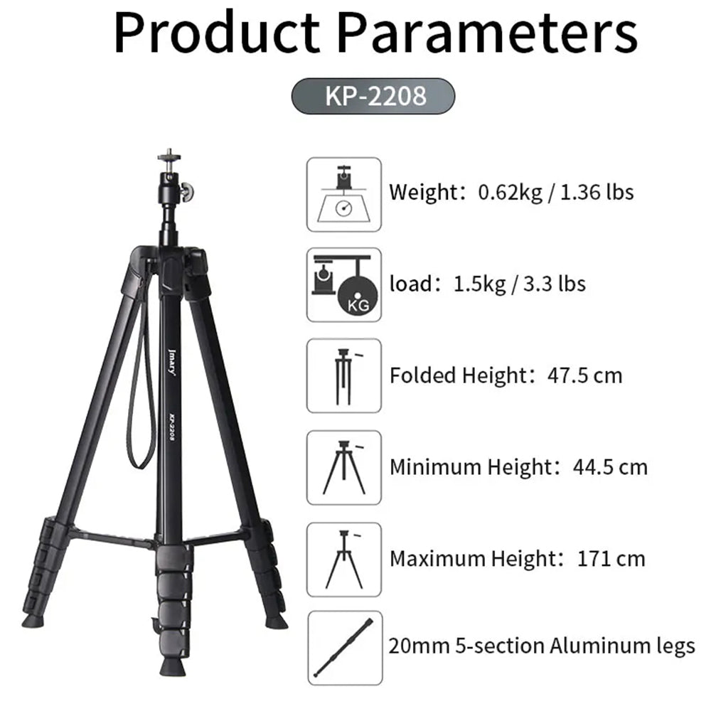 JMARY KP2208 1.7m Fill Light Camera Tripod Holder for Live Streaming, Photography Metal Cell Phone Floor Stand