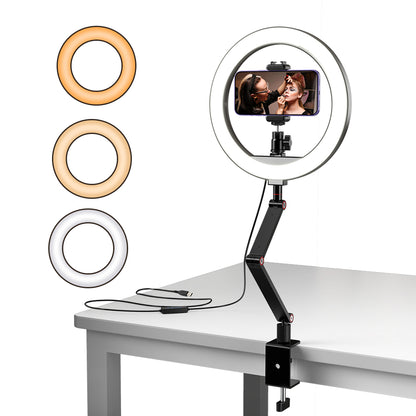 APEXEL APL-FL20 10-inch Multi-angle Adjustable Fill Light USB Desktop Selfie Ring Light 3 Color Mode Video Light with Stand, Phone Holder