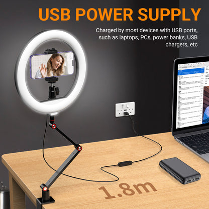 APEXEL APL-FL20 10-inch Multi-angle Adjustable Fill Light USB Desktop Selfie Ring Light 3 Color Mode Video Light with Stand, Phone Holder