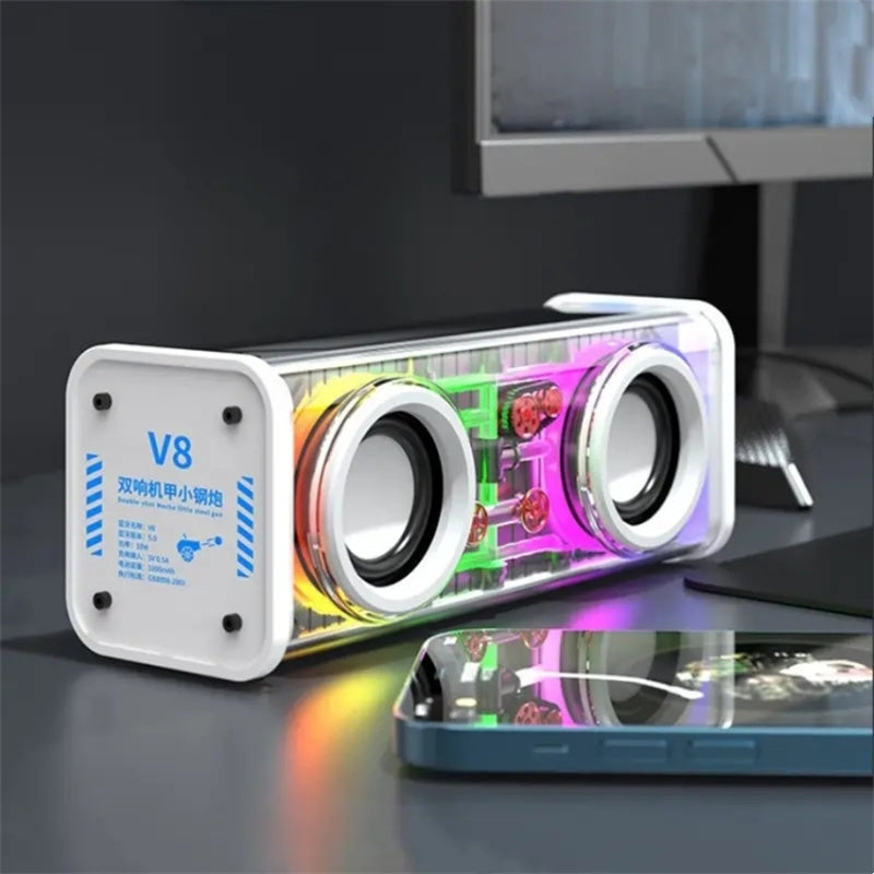 V8 Transparent Mecha Music Speaker Bluetooth 5.0 Wireless Subwoofer with RGB Light