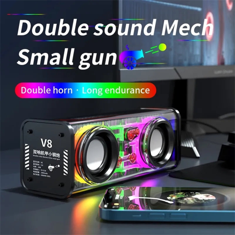 V8 Transparent Mecha Music Speaker Bluetooth 5.0 Wireless Subwoofer with RGB Light