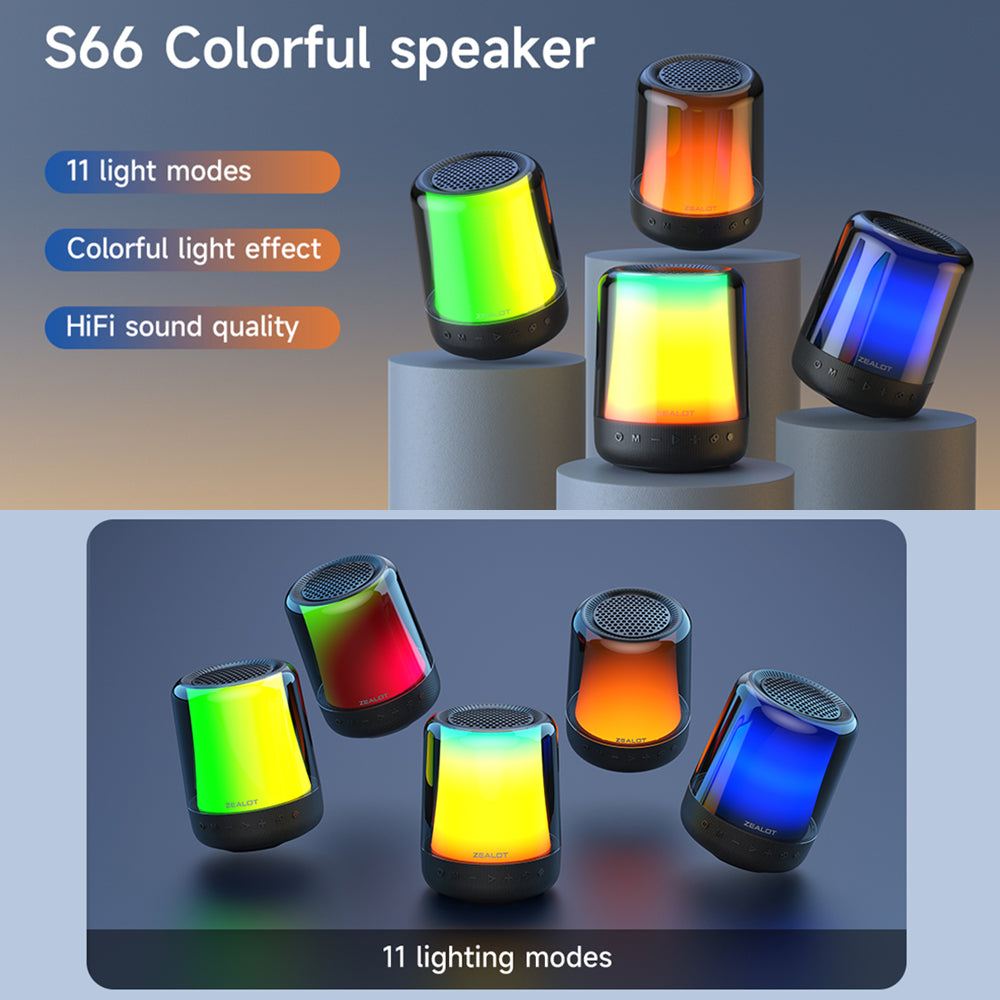 ZEALOT S66 Bluetooth 5.2 Wireless Speaker RGB Colorful Light HiFi Stereo Subwoofer