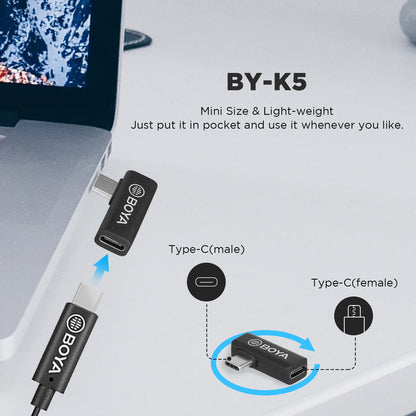 BOYA BY-K5 L-Shape Type-C Extension Adapter for Cell Phone Tablet Laptop USB-C Male to Female 90 Degree Angled Adapter Converter