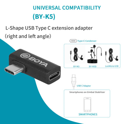 BOYA BY-K5 L-Shape Type-C Extension Adapter for Cell Phone Tablet Laptop USB-C Male to Female 90 Degree Angled Adapter Converter