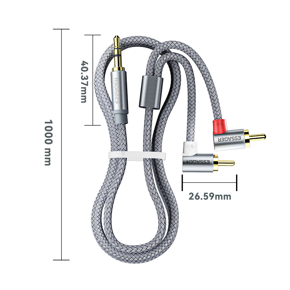 ESSAGER 1m Nylon Braided Aux Cord AUX 3.5mm to Dual Angled Head RCA Audio Adapter Cable