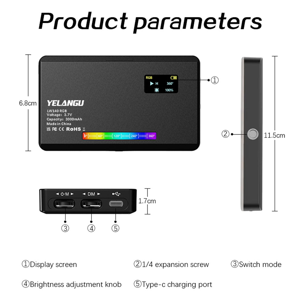 YELANGU LW140RGB Indoor Photography Square Fill Light LED Handheld Ambient Light