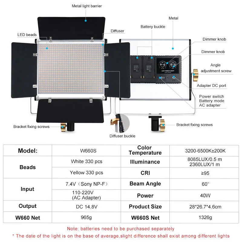 VLOGLITE W660S LED Video Light with Tripod Stand 3200-6500K Photography Studio Lighting for Video Film Recording