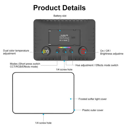 VLOGLITE PAD192RGB LED Camera Fill Light RGB Full Color Portable Photography Lighting for DSLR Camera Gopro