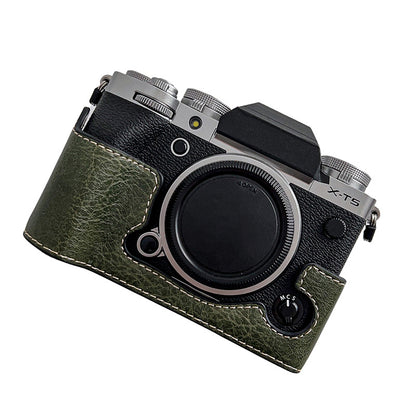 For Fujifilm X-T5 Buffalo Texture PU Leather Camera Bottom Case Flannel Lining Half Body Protective Cover with Battery Opening