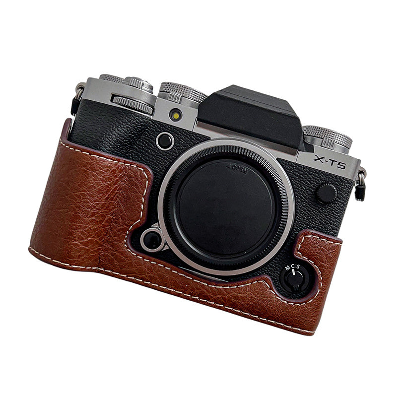 For Fujifilm X-T5 Buffalo Texture PU Leather Camera Bottom Case Flannel Lining Half Body Protective Cover with Battery Opening