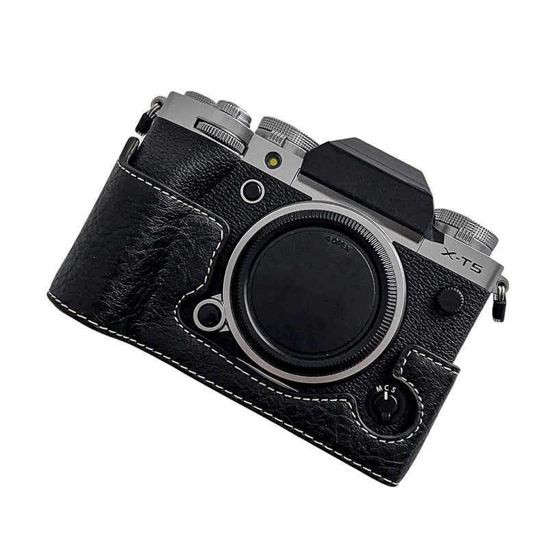 For Fujifilm X-T5 Buffalo Texture PU Leather Camera Bottom Case Flannel Lining Half Body Protective Cover with Battery Opening