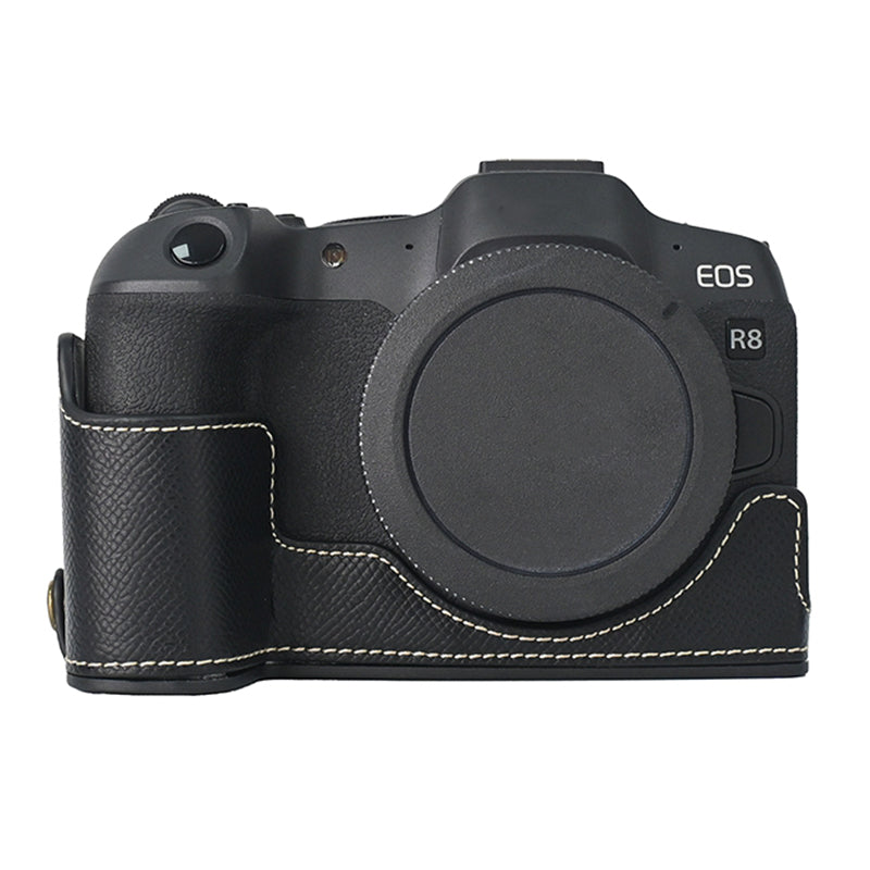 For Canon EOS R8 PU Leather Camera Base Battery Opening Design Detachable Protective Cover with Shoulder Strap