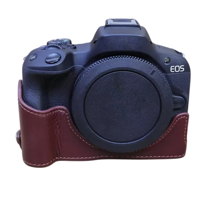 For Canon EOS R50 / R100 Anti-scratch Genuine Leather Camera Bottom Cover Large Opening Design Half Body Case