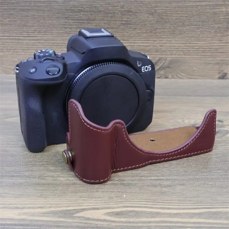 For Canon EOS R50 / R100 Anti-scratch Genuine Leather Camera Bottom Cover Large Opening Design Half Body Case