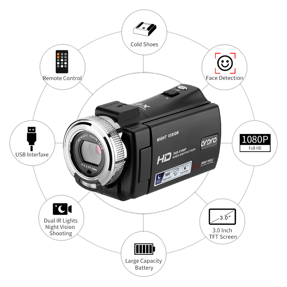 ORDRO V12 3.0 Inch Camcorder Video Camera IR Night Vision Vlogging Camera with Fill Light