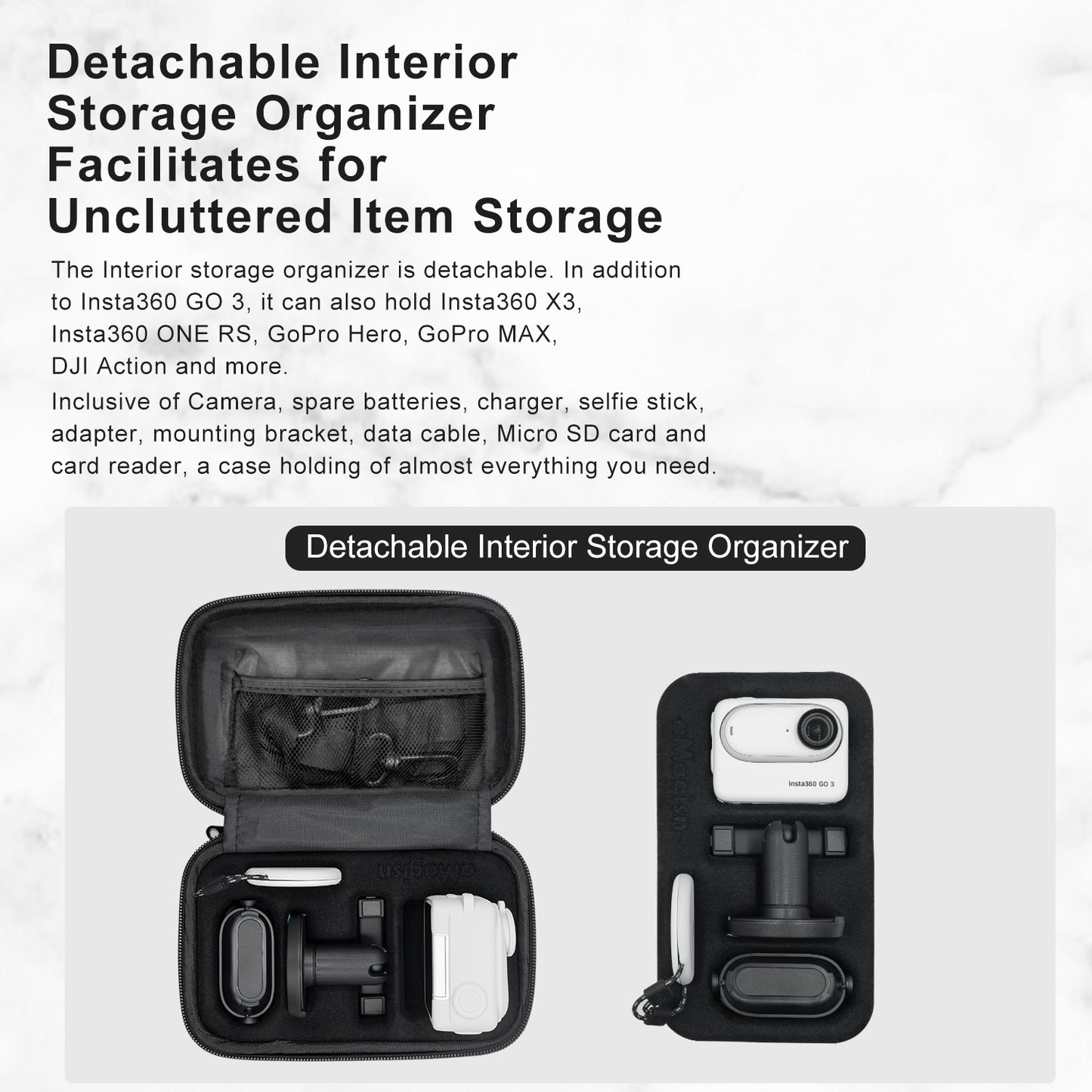 AMAGISN Storage Case for Insta360 GO 3 Action Camera Hard PC Shell with Detachable Inner Tray, Size S