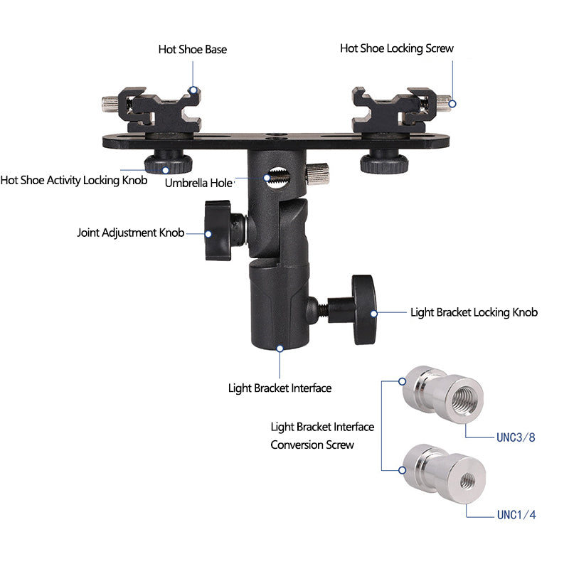 E006 E-Type Camera Soft Light Mount Dual Hot Shoe Flash Bracket Aluminum Alloy Light Stand Adapter Holder