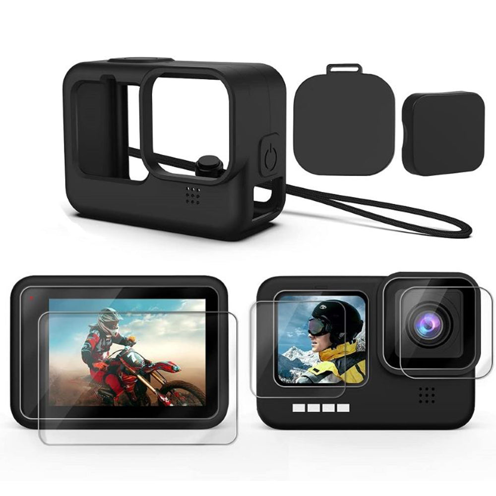 For GoPro Hero 9 / 10 / 11 Camera Soft Silicone Case Protector Body Sleeve Cover + Tempered Glass Screen Film + Lens Cap