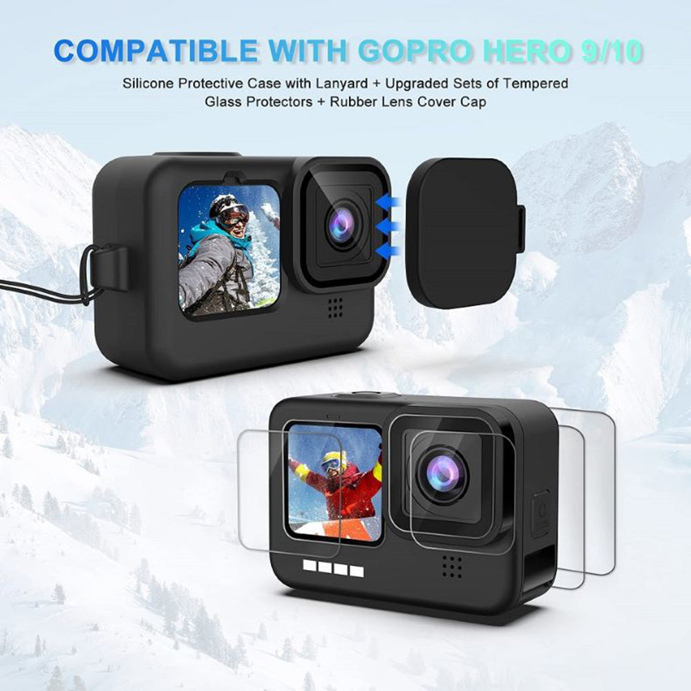 For GoPro Hero 9 / 10 / 11 Camera Soft Silicone Case Protector Body Sleeve Cover + Tempered Glass Screen Film + Lens Cap