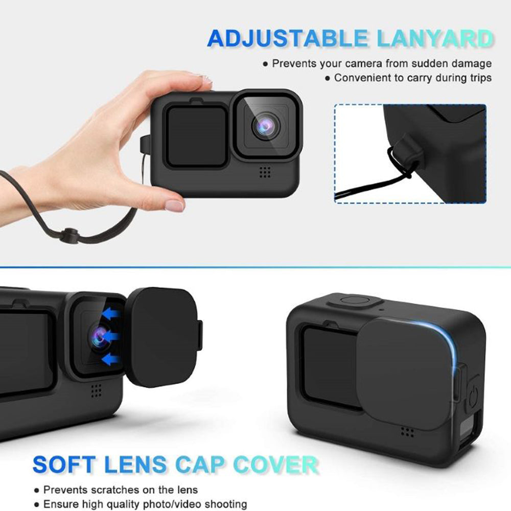 For GoPro Hero 9 / 10 / 11 Camera Soft Silicone Case Protector Body Sleeve Cover + Tempered Glass Screen Film + Lens Cap