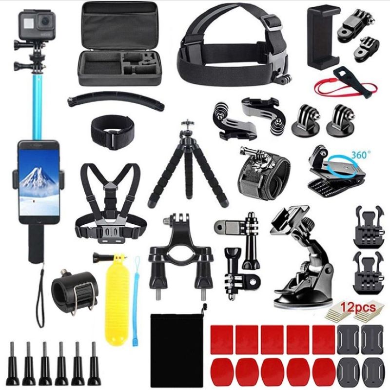 61-in-1 Universal Accessories Kit for GoPro Hero, DJI Osmo Action Camera Parts with Camera Bag, Tripod, Straps