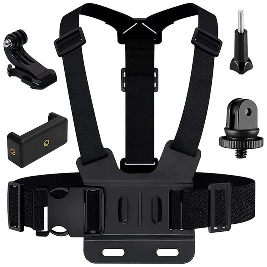 For GoPro Hero 11 / 10 / 9 / 8 / 7 / 6 / 5 / 4 / 3+ Chest Strap Belt 5-in-1 Body Harness Mount Set with 1 / 4 Adapter, Clip, Long Screw