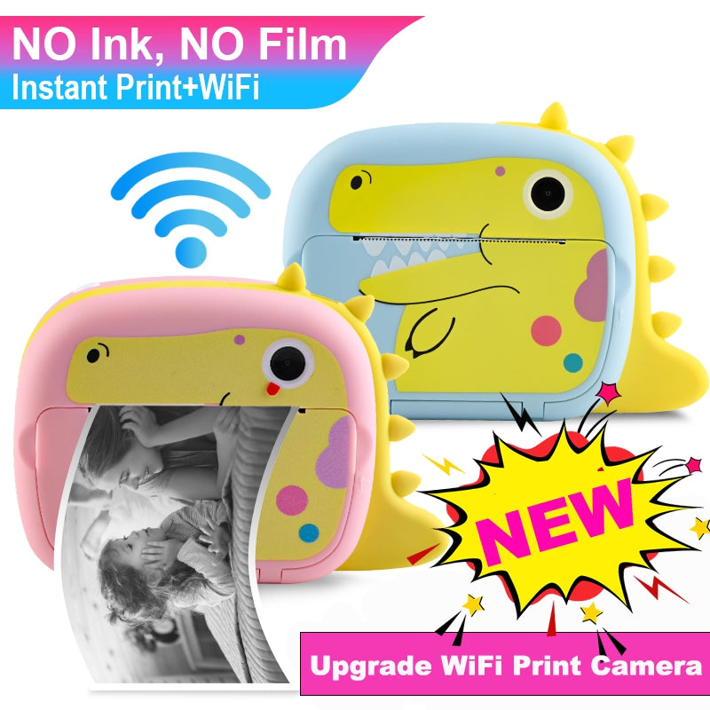 K07 Dinosaur Shape Front / Rear Dual Kids Camera 2.4 Inch IPS Screen WiFi Instant Print Digital Camera