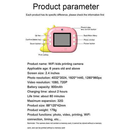 K07 Dinosaur Shape Front / Rear Dual Kids Camera 2.4 Inch IPS Screen WiFi Instant Print Digital Camera