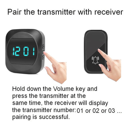 T195 38 Ringtones Self-powered Wireless Door Bell Remote Control Doorbell with Time Display, 1 Transmitter+2 Receivers