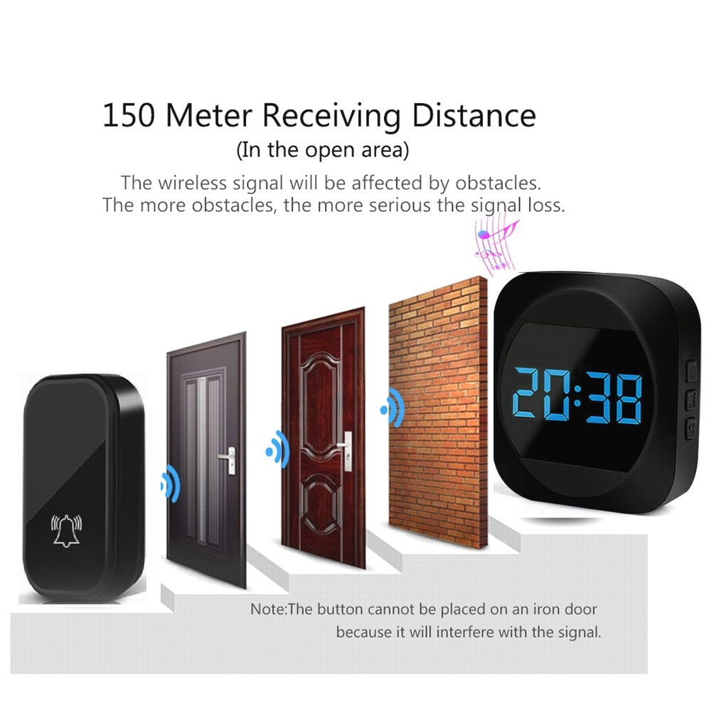 T195 38 Ringtones Self-powered Wireless Door Bell Remote Control Doorbell with Time Display, 1 Transmitter+2 Receivers