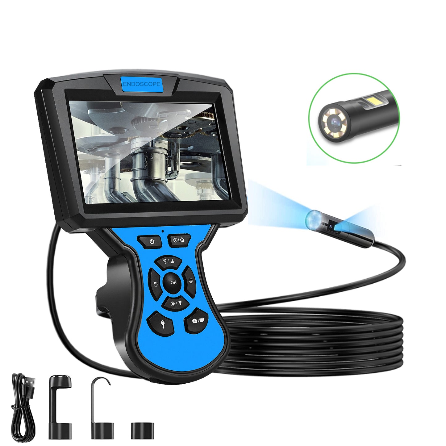 M50 5m Hard Wire Industrial Endoscope 5mm Dual-lens 7-LED Borescope Inspection Camera 5'' IPS Screen