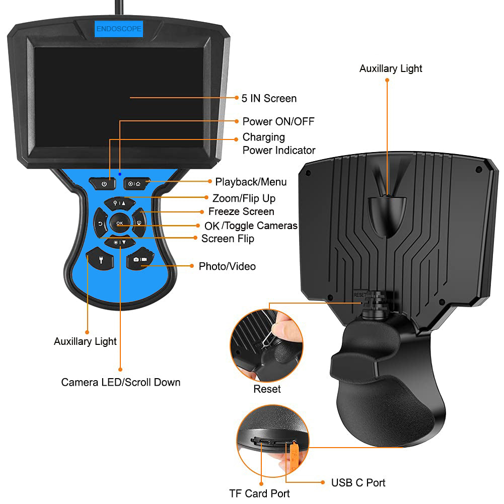 M50 Industrial Endoscope Camera 1m Hard Wire 5'' IPS Screen 7-LED Inspection Borescope 5mm Dual-lens