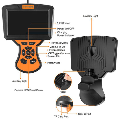 M50 10m Hard Wire Dual Lens Inspection Camera 5'' IPS Screen 8mm Industrial Endoscope with 6+1 LED Lights