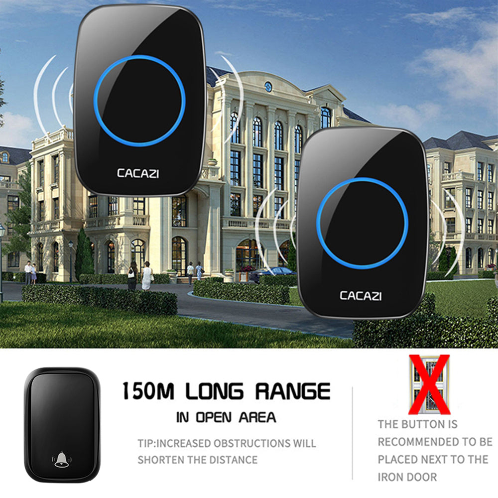 CACAZI FA58 60 Melodies Alarm Wireless Doorbell Kit Home Door Bell with 1 Receiver and 2 Transmitters