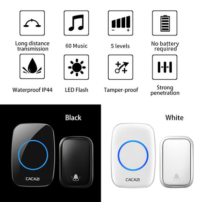 CACAZI FA58 Waterproof 5 Volume Levels Wireless Doorbell Mini Chime Door Bell Kit with 1 Transmitter+1 Receiver