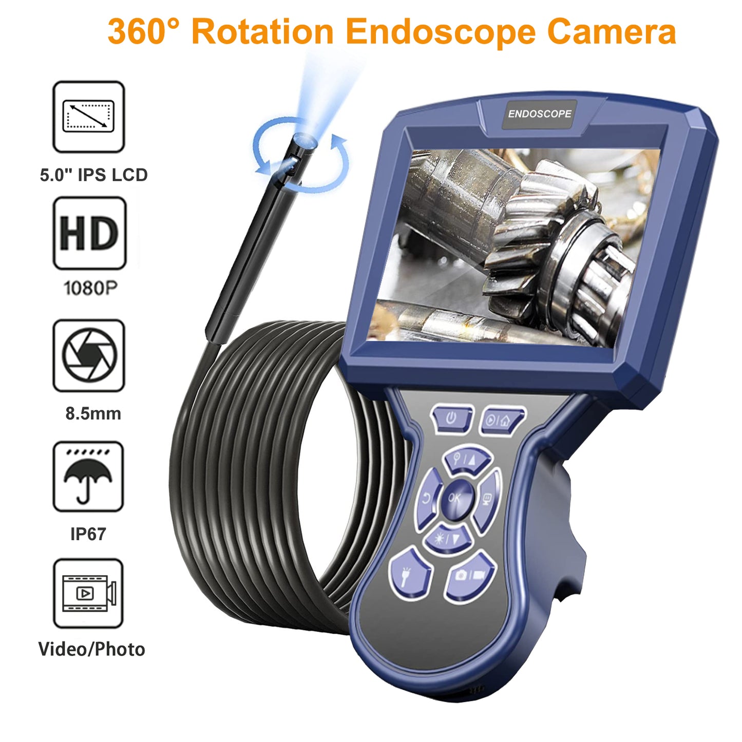 MS550 5m Wire 5-inch Screen Industrial Endoscope 360-Degree Rotation 8.5mm Dual Lens Borescope Inspection Camera