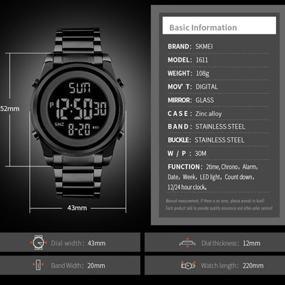 SKMEI 1611 Simple Business Men Watch Multifunctional Steel Strap Electronic Watch with Luminous Display