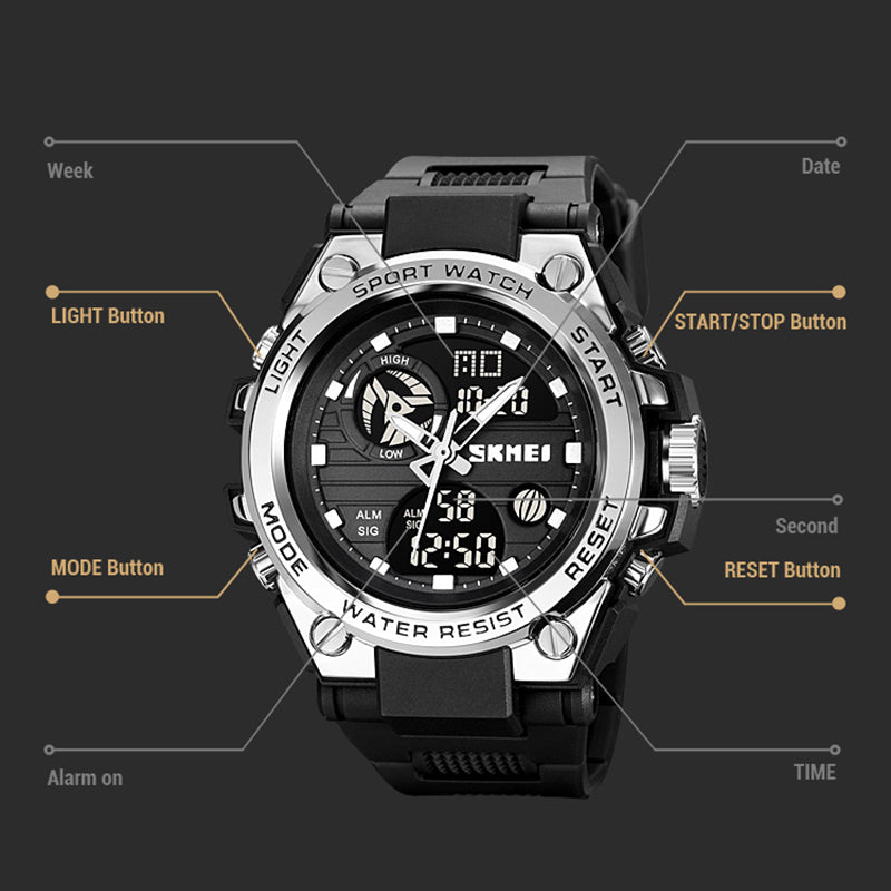 SKMEI 2031 50m Waterproof Dual-Time Men's Watch Multifunction 12H / 24H Format Sports Watch with Leather Strap