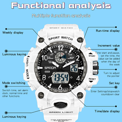 SANDA 3306 Luminous Display Leisure Electronic Watch 50m Waterproof Sports Watch with Alarm Clock, Weekly Calendar