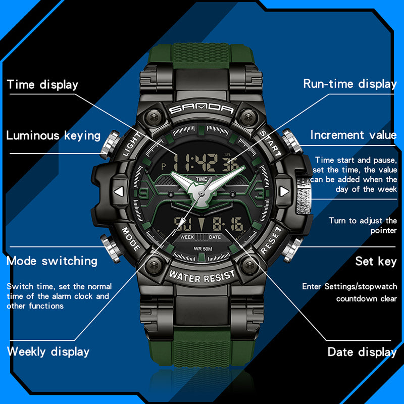 SANDA 3186 Fashionable Cool Luminous Display Watch Multifunction 50m Waterproof Electronic Watch