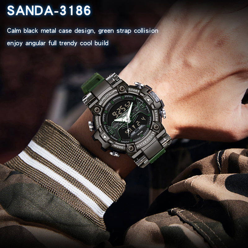 SANDA 3186 Fashionable Cool Luminous Display Watch Multifunction 50m Waterproof Electronic Watch