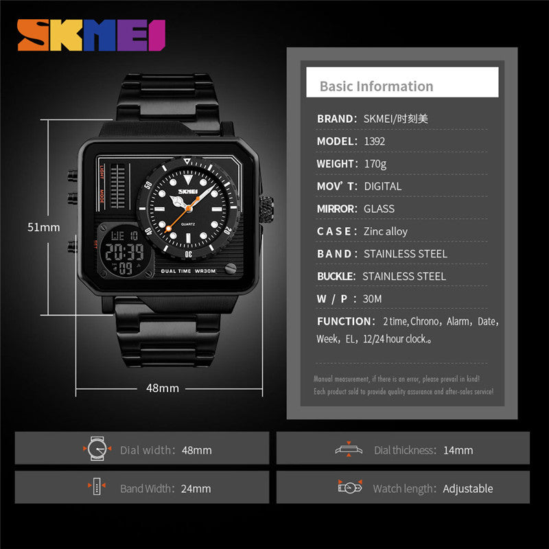 SKMEI Men Dual Display Sport Watch Stopwatch Alarm Digital Watch