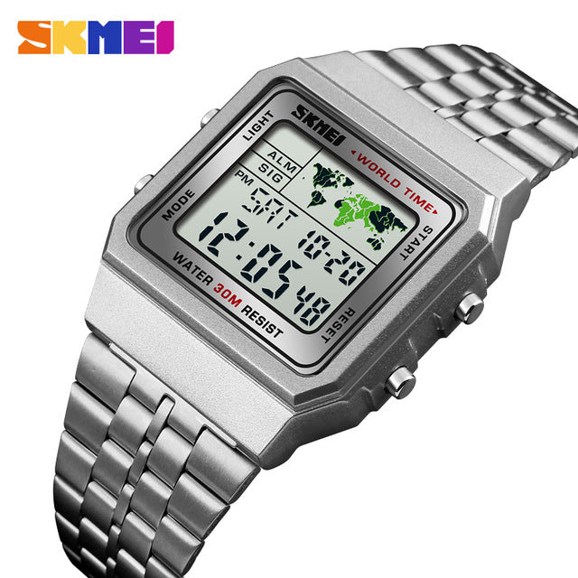 SKMEI Business Waterproof Men Watch World Time Stainless Steel Band